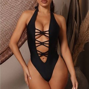 Black Strappy Front One Piece Swimsuit